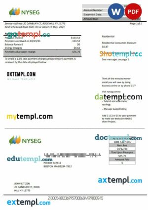 USA Massachusetts Boston NYSEG electricity utility bill template in Word and PDF format