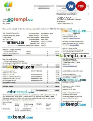 USA Massachusetts Chelsea UI The United Illuminating Company utility bill Word and PDF template
