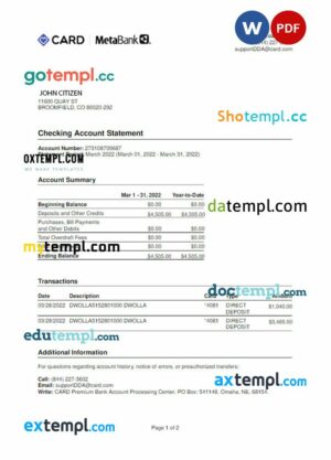 USA META BANK card statement Word and PDF example