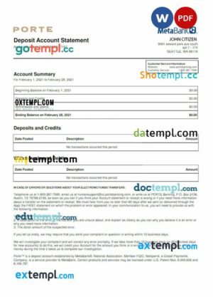 USA META BANK statement Word and PDF example