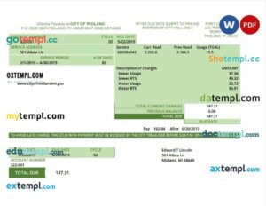 USA Michigan water utility bill template in Word and PDF (.doc and .pdf) format