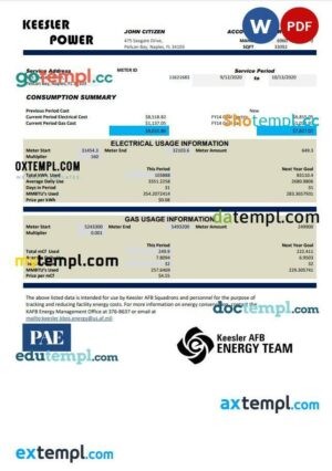 USA Mississippi Keesler AFB Energy utility bill template in Word and PDF format