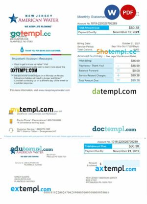 USA New Jersey American Water utility bill download Word and PDF example