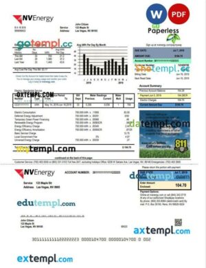 USA Nevada NV Energy utility bill template in Word and PDF format