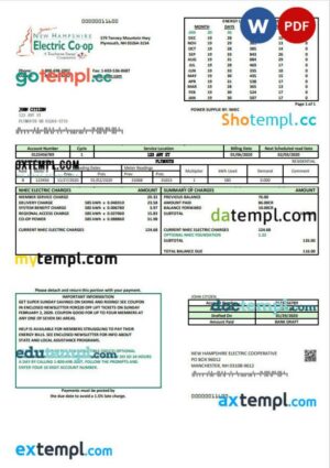 USA New Hampshire Electric Co-op electricity utility bill template in Word and PDF format