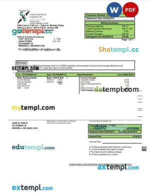USA New Mexico electricity proof of address utility bill template in Word and PDF format