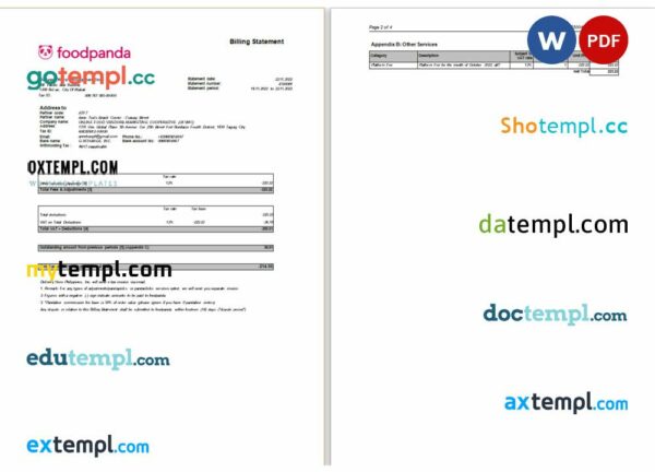 USA New York Foodpanda billing statement Word and PDF example, 4 pages