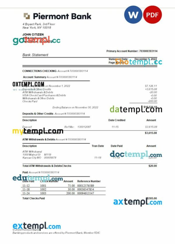 USA New York Piermont bank statement 3 - 6 months Word and PDF example