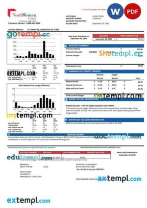 USA NorthWestern Energy utility bill template in Word and PDF format, version 2