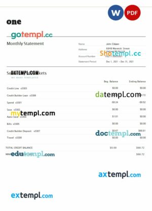 USA One bank statement 3 - 6 months Word and PDF example, 4 pages