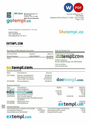 USA RBC bank statement 3 - 6 months Word and PDF example, version 2