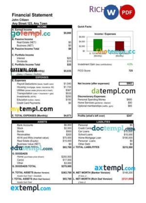 USA Rich Dad bank statement 3 - 6 months Word and PDF example