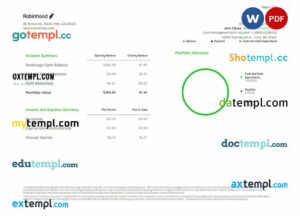 USA Robinhood bank statement Word and PDF example, 6 pages