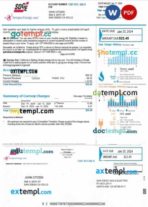 USA SDGE utility bill download Word and PDF example