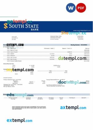 USA South State Bank statement Word and PDF example