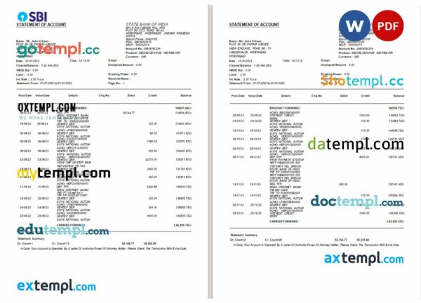 USA State Bank of Indian bank statement 3 - 6 months Word and PDF example, 3 pages