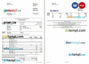 USA Suntrust bank account statement Word and PDF example, 2 pages
