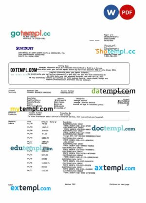 USA SUNTRUST bank statement 3 - 6 months Word and PDF example