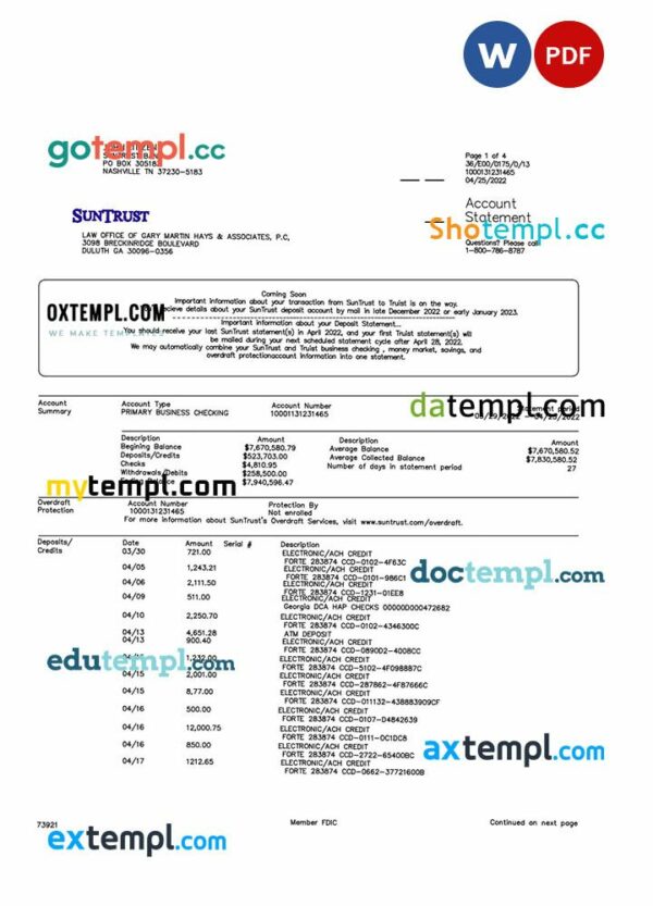 USA SUNTRUST bank statement 3 - 6 months Word and PDF example