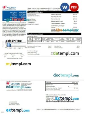 USA VECTREN utility bill download Word and PDF example