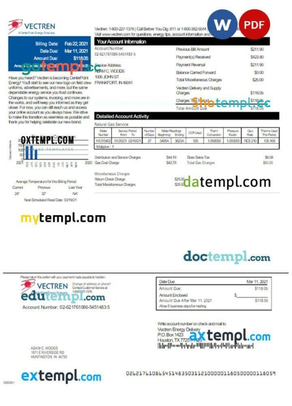 USA VECTREN utility bill download Word and PDF example