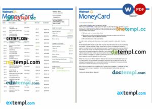 USA Walmart MoneyCard bank statement 3 - 6 months Word and PDF, 2 pages