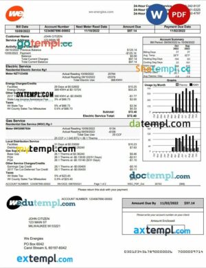 USA Wisconsin We Energies electricity utility bill template in Word and PDF format
