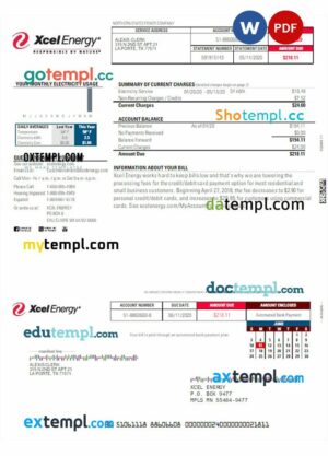 USA Xcel Energy utility bill download Word and PDF example
