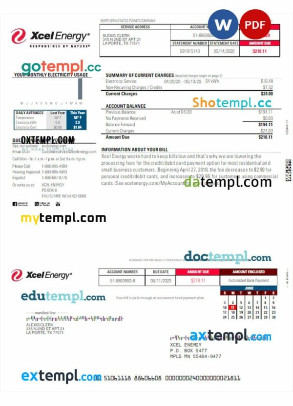 USA Xcel Energy utility bill download Word and PDF example
