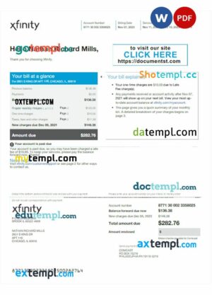USA XFINITY utility bill download Word and PDF example