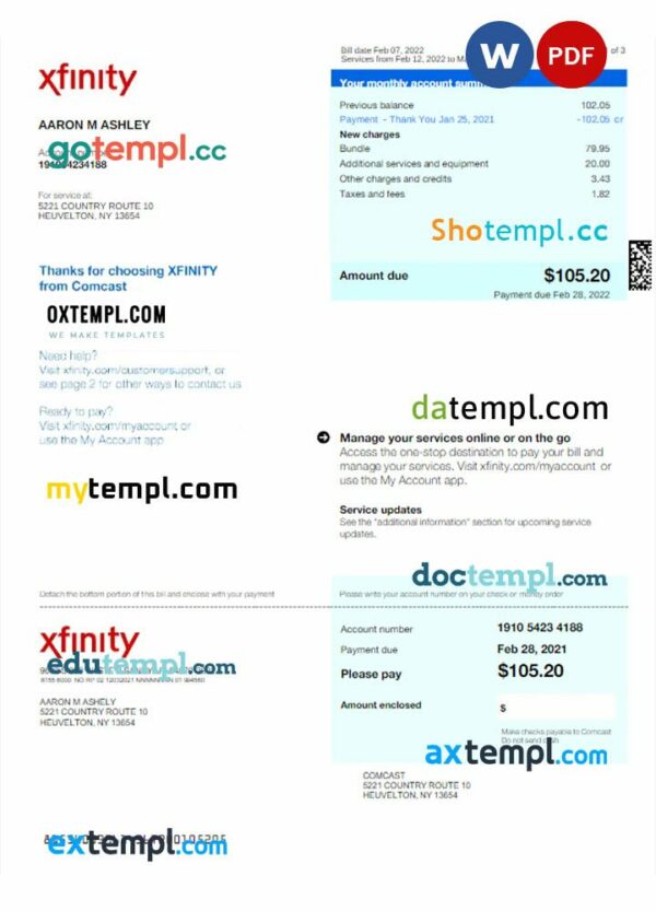 USA XFINITY utility bill download Word and PDF example, version 2