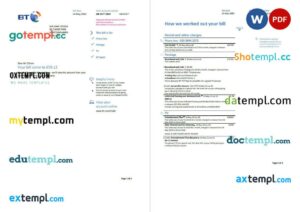 United Kingdom BT utility bill template in Word and PDF format, 2 pages