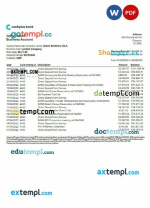 UNITED KINGDOM CASHPLUS bank statement 3 - 6 months Word and PDF example