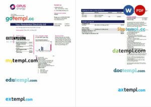 United Kingdom Opus Energy electricity utility bill template in Word and PDF format (2 pages)