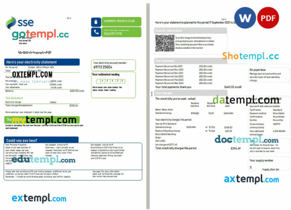 United Kingdom SSE Energy utility bill, Word and PDF template, 4 pages