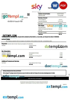United Kingdom Sky utility bill statement template in Word and PDF format