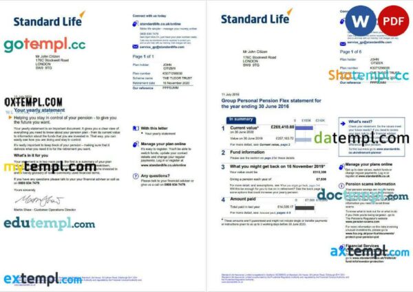 United Kingdom Standard Life utility bill template in Word and PDF format, 7 pages