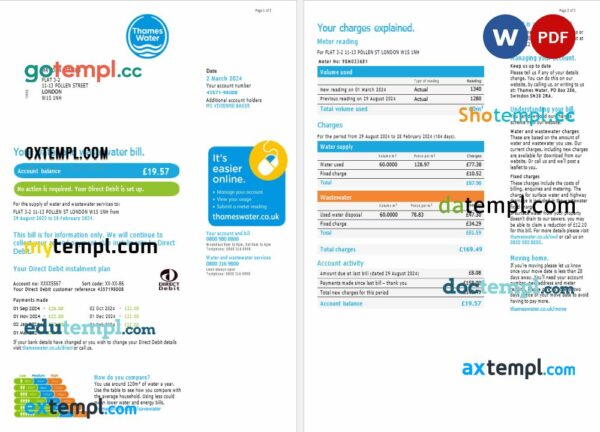 United Kingdom Thames Water utility bill Word and PDF template, 3 pages