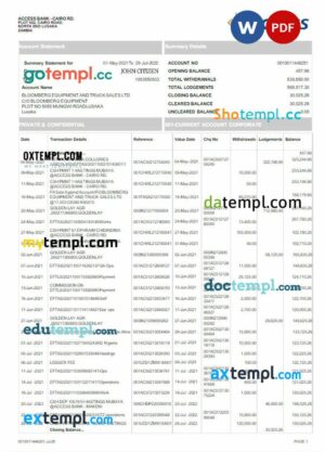ZAMBIA ACCESS bank statement 3 - 6 months Word and PDF example