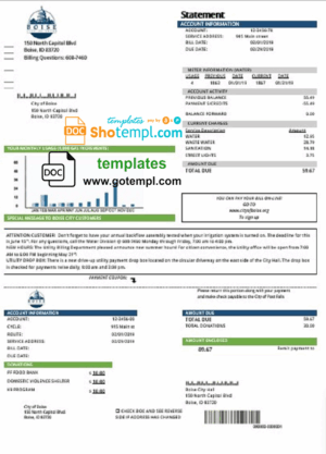 USA Idaho Boise City of Trees water utility bill template in Word and PDF format