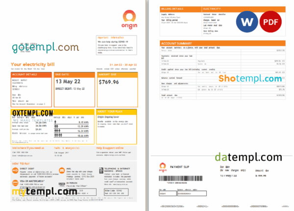 Australia Origin utility bill download, Word and PDF example, 4 pages