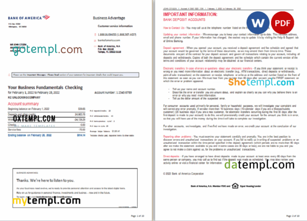 USA Bank of America bank statement 3 - 6 months, Word and PDF example, 10 pages