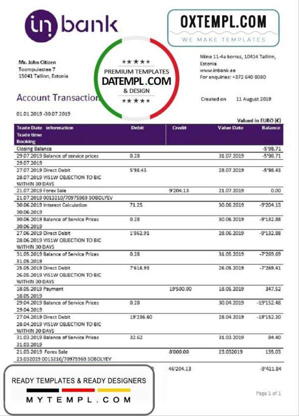 Estonia Inbank bank statement template, Word and PDF format (.doc and .pdf)