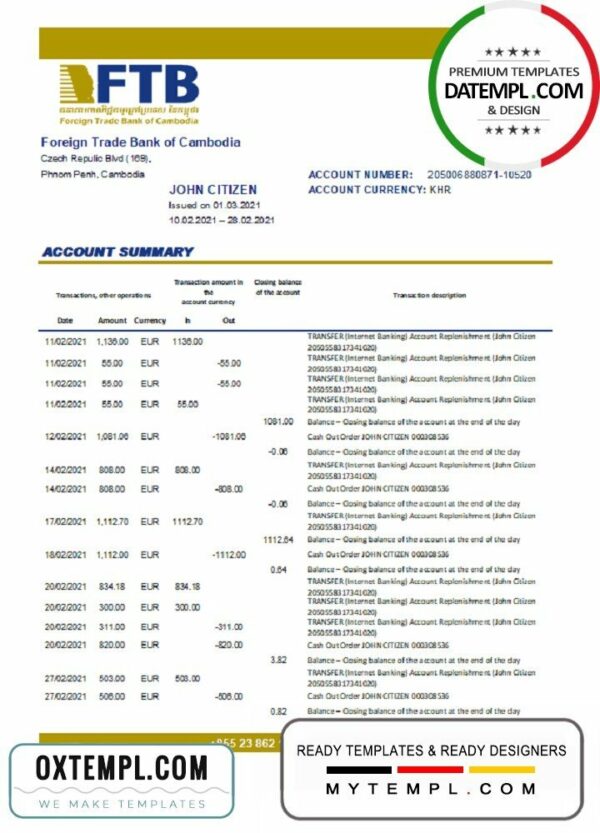 Cambodia Foreign Trade Bank of Cambodia bank statement easy to fill template in Excel and PDF format