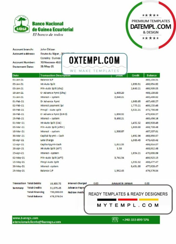 Equatorial Guinea The National Bank of Equatorial Guinea bank statement template in Word and PDF format