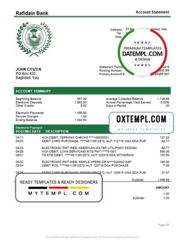 Iraq Rafidain bank statement easy to fill template in Word and PDF format