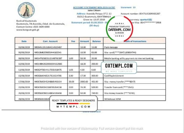 Guatemala Banco de Guatemala bank statement template, Word and PDF format (.doc and .pdf)