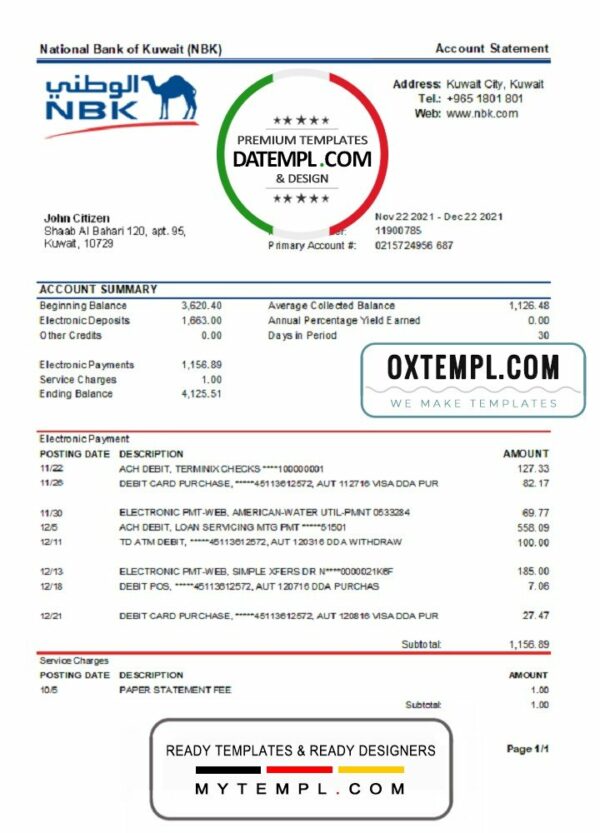 Kuwait National Bank of Kuwait (NBK) Bank statement easy to fill template in Excel and PDF format