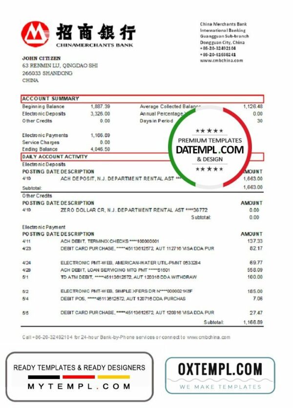 China Merchants bank proof of address statement template in Excel and PDF format