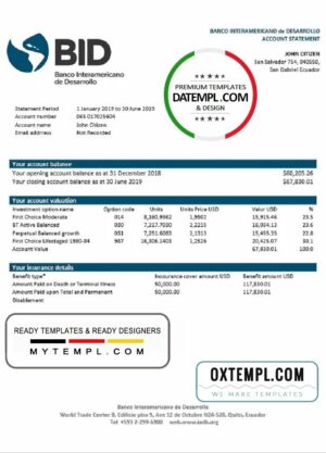 Ecuador Banco Interamericano de Desarrollo (BID) bank statement template in Word and PDF format, good for address prove